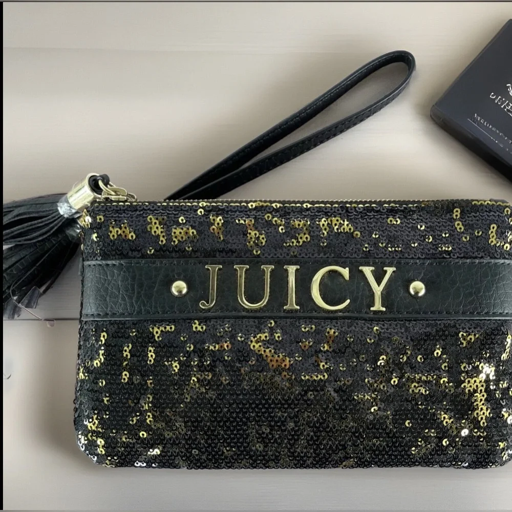 NWT Juicy Couture Gold and Black Sequin Double Zipper Wristlet Clutch - Picture 1 of 6